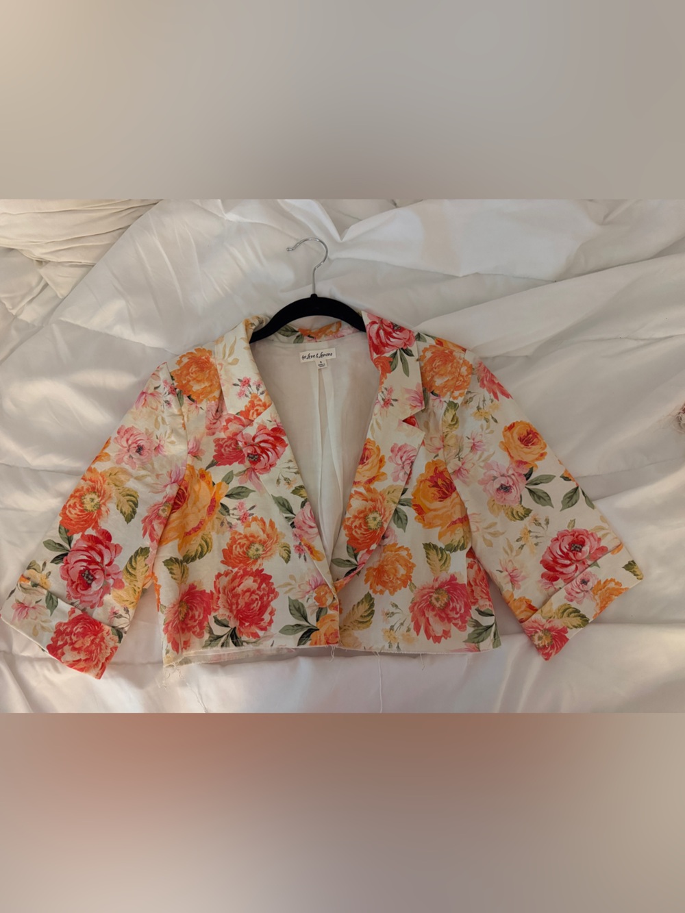 For Love & Lemons Floral Cropped Blazer Jacket - Cream with Pink & Orange Roses